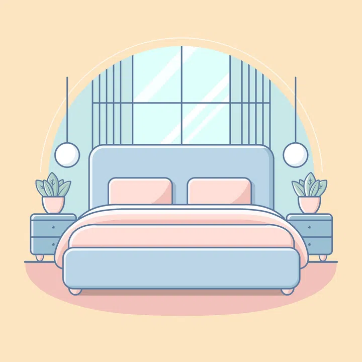 Flat illustration of minimal bedroom interior with bed and side tables, vector illustration.