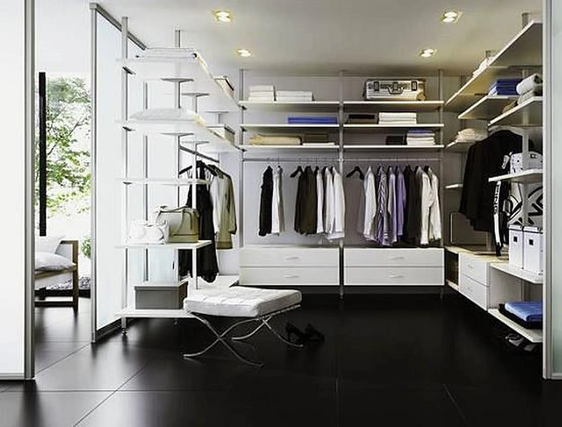 All black and white style Raumplus Uno walk in wardrobe system, from The Ewins Home.