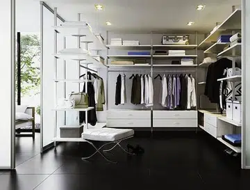 All black and white style Raumplus Uno walk in wardrobe system, from The Ewins Home.