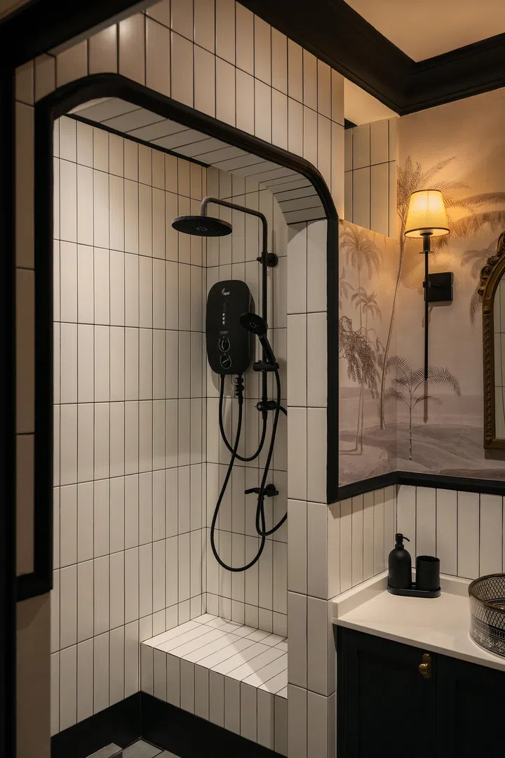 White tiles with black grout, paired with a black shower head and heater, create striking colonial-style contrast.