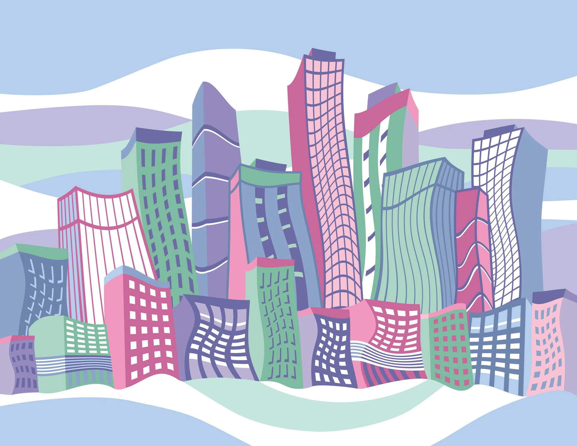 Hand drawn vector illustration of a cityscape. Skyscrapers and buildings.