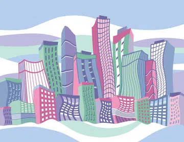 Hand drawn vector illustration of a cityscape. Skyscrapers and buildings.
