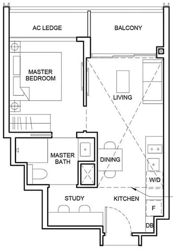 Forett at Bukit Timah 1 Bedroom and 1 Study floor plan. Type AS1a 474 sqft. Image from official Forett website