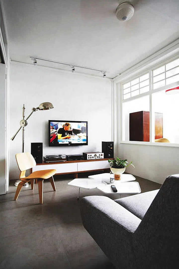 Living room inside a 3-room walk-up apartment in Tiong Bahru.