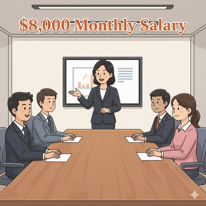 A cartoon drawing of a young singaporean woman in a suit speaking at a meeting room. With the words “$8,000 Monthly Salary”.