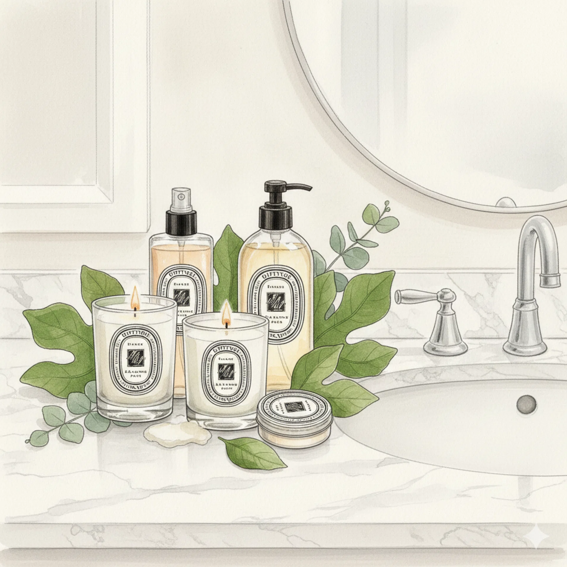 Drawing illustration of Diptyque products on a bathroom sink vanity.