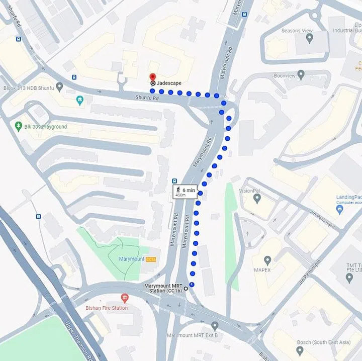 Jadescape condominium is a 6 minute walk from Marymount MRT Station. Screengrab from Google Maps