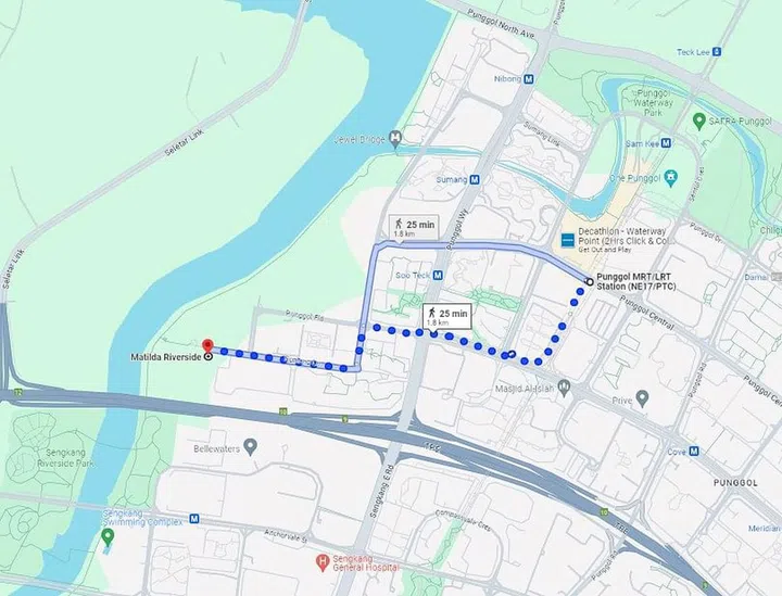 Google Map screenshot showing that it takes 25 minutes to walk from Punggol MRT Station to the upcoming Matilda Riverside BTO Project.