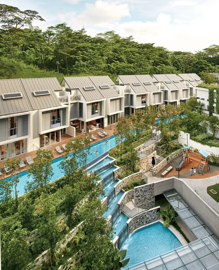 Townhouse estates share common facilities such as pools and recreational areas.