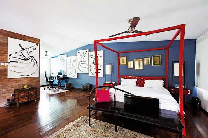 modern asian, balinese bedroom, calligraphy painting, asian influence, asian style
