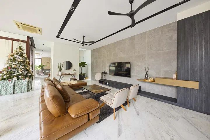 Living room in interior designer Cheryl Gay of Coterie Design's 3,600 sq ft semi-detached home in Yio Chu Kang.