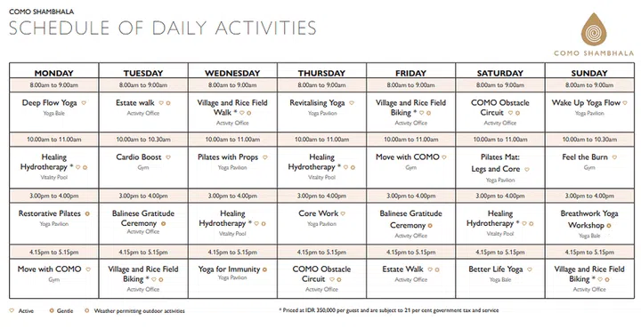 COMO Shambhala Estate, Bali weekly programme schedule