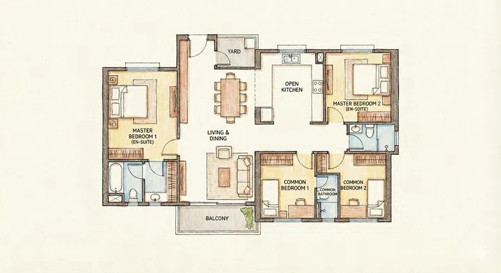 A drawing illustration of a HDB 3Gen Flat floor pan layout: A 3Gen flat generally has a total of 2 bedrooms with attached bathrooms, 2 common bedrooms, 1 common bathroom, and spans an average of around 115 square metres or 1,200 square feet.