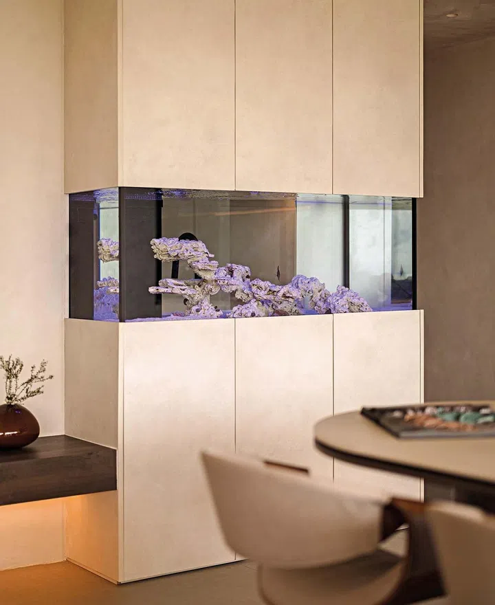 The couple’s reef
tank takes pride
of place by the
entrance foyer
and beside the
dining room.