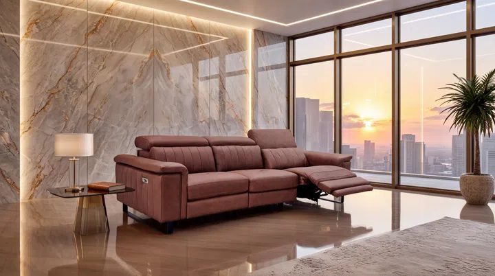 The sofa features manually adjustable headrests and cushioned lumbar support.