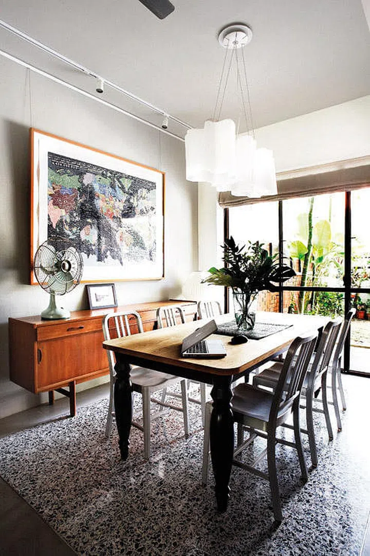 dining room, art, map, pendant lamp, Emeco chair, retro furniture, wood furniture, vintage