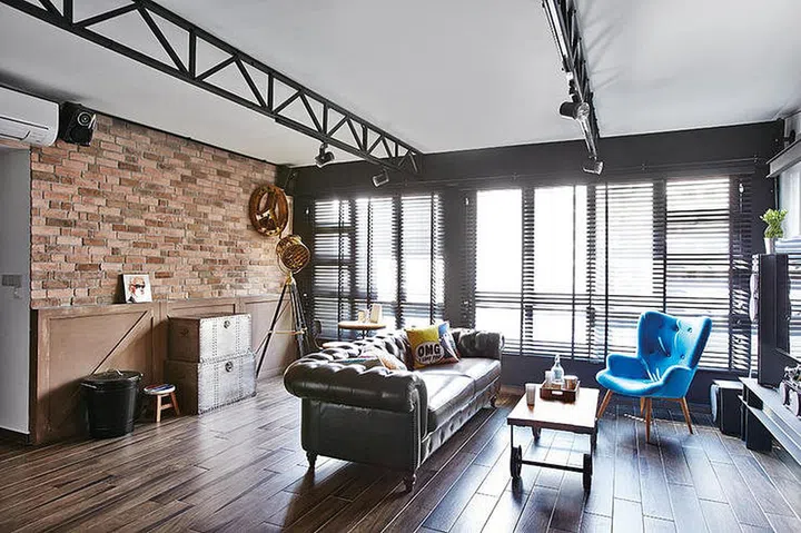 Industrial interior design living room for this Five-room HDB flat home in Serangoon
