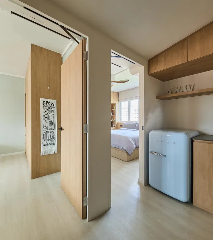 The Smeg fridge, leading to the master, with a kid’s bedroom next door. 