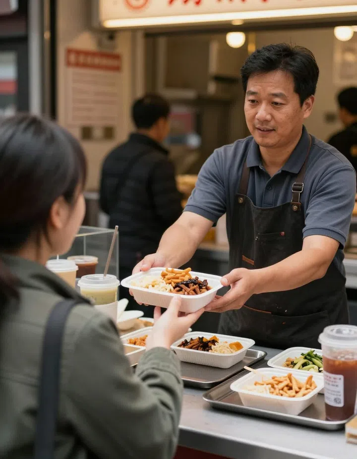 asian man serving food to customer at street food stall in Japan