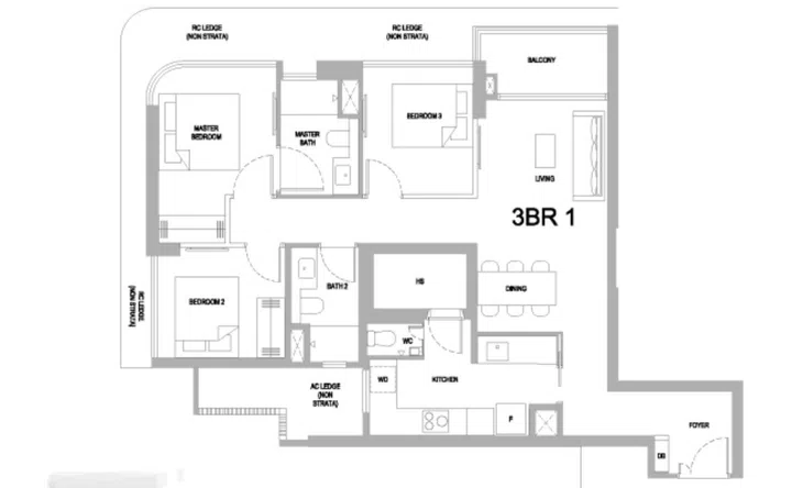 One Marina Gardens condo 3-bedroom (Type 3BR1) floor plan 94sqm for units from #03-25 to #13-25, #15-15 to #33-25, and #35-25 to #44-25.