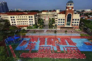 Aerial view of Nanyang Primary School premises and students dressed in red. Image MOE Heritage Centre.