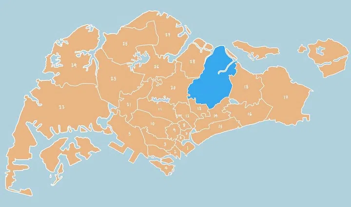 Illustrated map showing District 19 - Serangoon Garden, Hougang, Punggol, Sengkang in Singapore.