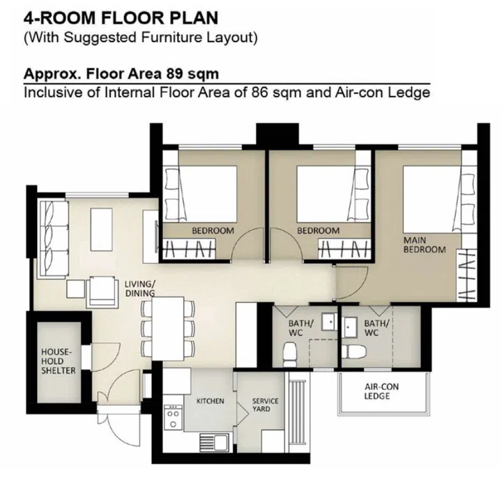 Queenstown Stirling Horizon BTO 4-room (89 sqm) floor plan.
