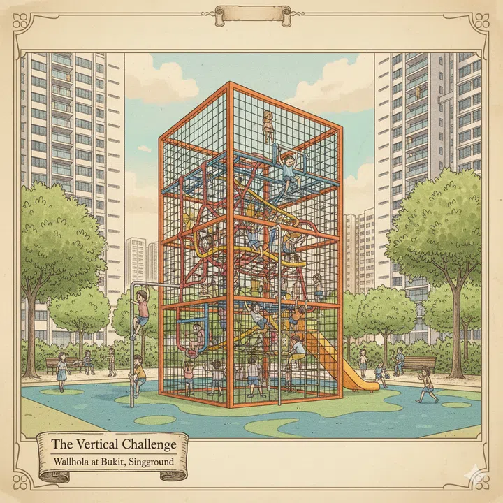 A drawing illustration of The Vertical Challenge playground at Wallholla at Bukit Panjang.