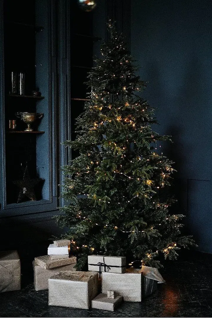 A Christmas tree with gift boxes at the bottom