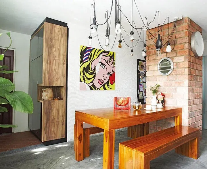 home decor, interior design, industrial, dining room, suspended bulbs, pop art