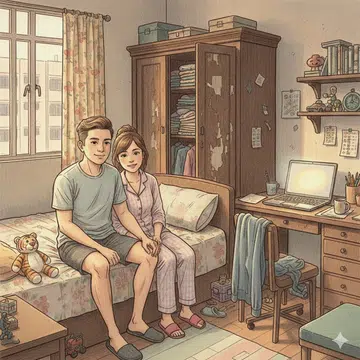 A drawing illustration of a married young adult singaporean couple sitting on the bed in an old HDB bedroom with a older looking wardrobe, study table with laptop, and some old childhood toys and plushies. the room is slightly cluttered and messy.