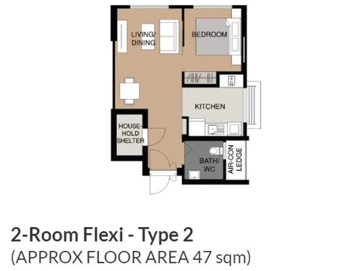 Punggol Point Crown BTO 2-room (type 2) 47sqm floor plan.
