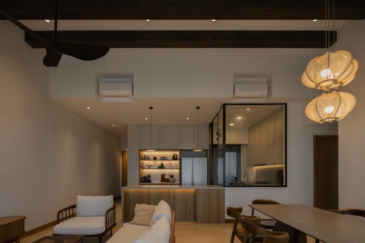 The family opted for a wet and dry kitchen where mingling with guests is encouraged. It opens out onto the living area.