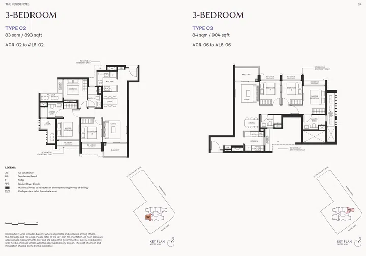 The Serra Residences 3-bedroom type C2 (893 sqft) and C3 (904 sqft).