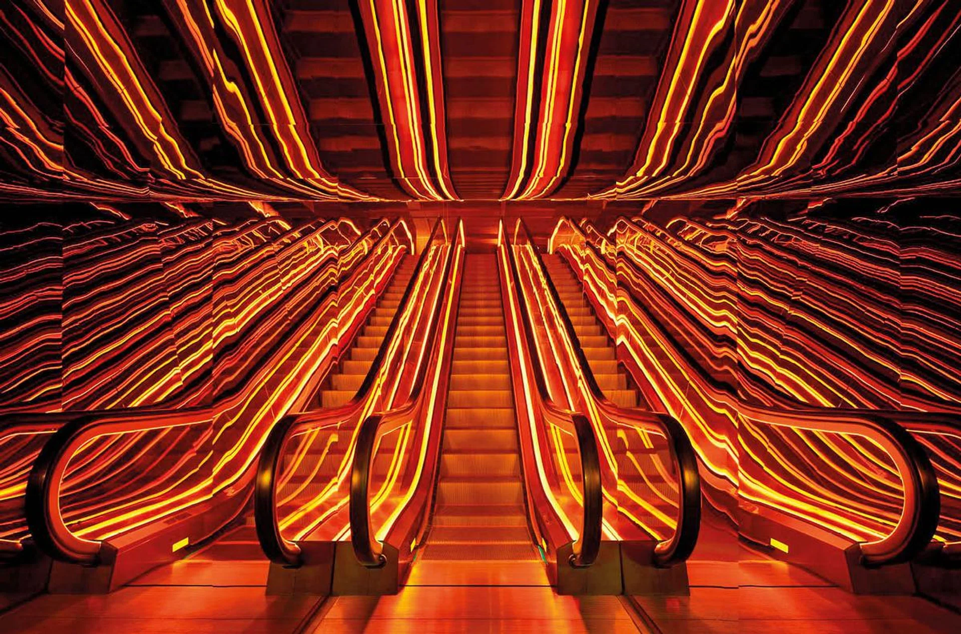 The stunning copper-clad escalators in the entranceway of Public Hotel NYC.