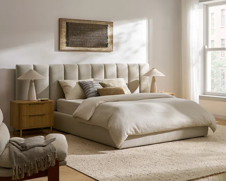Castlery Miyo Channel Tufted Queen Size Bed with Headboard Extension.