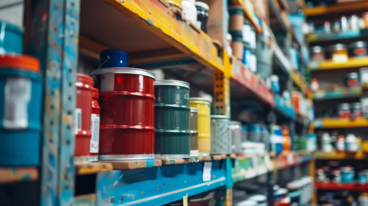 A vibrant array of paint cans neatly arranged on shelves, showcasing a spectrum of colors.