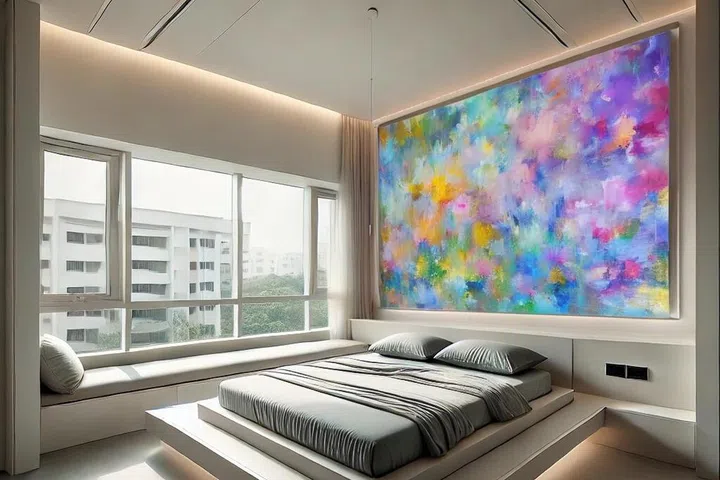 A bedroom designed with a platform bed.
