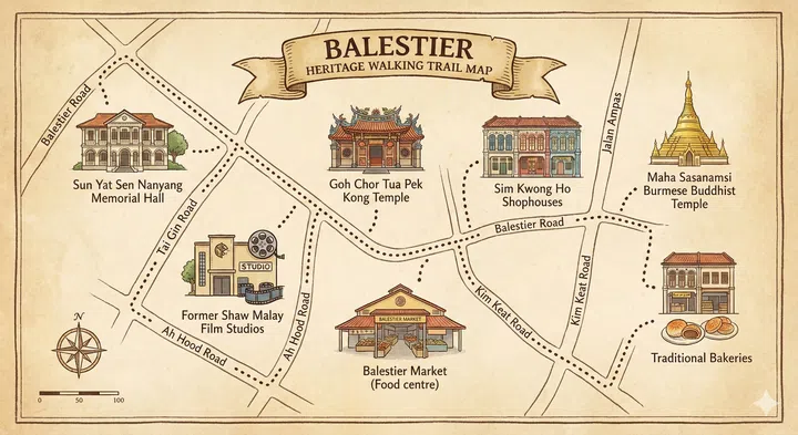 A drawing illustration of the balestier heritage walking trail map.