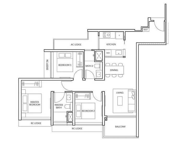 AMO Residences floor plan for a 3-bedroom (Type C1) condo unit spanning 958 sq ft. Image from AMO Residences website