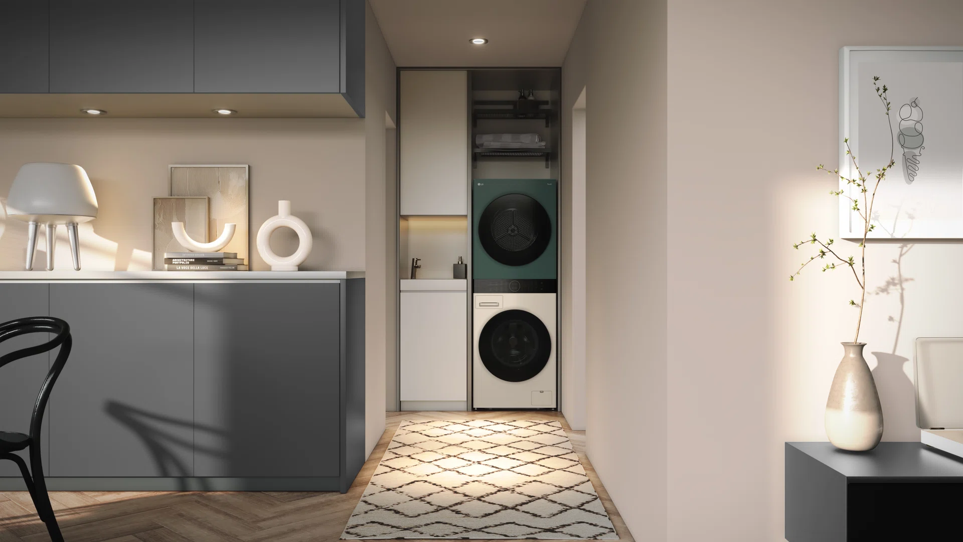 A stylish open kitchen concept fitted with LG’s suite of smart appliances. 