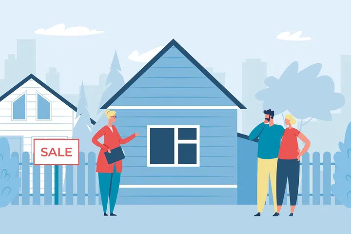 Real estate agent selling house to couple in front of new house, flat vector illustration.