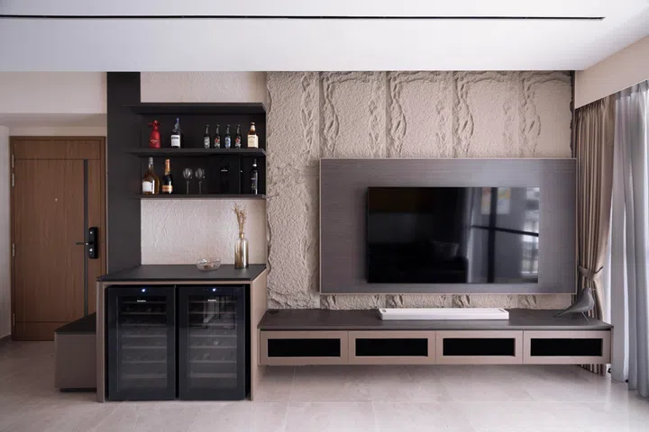 The 3D textured TV wall is one of the home’s biggest standout features.