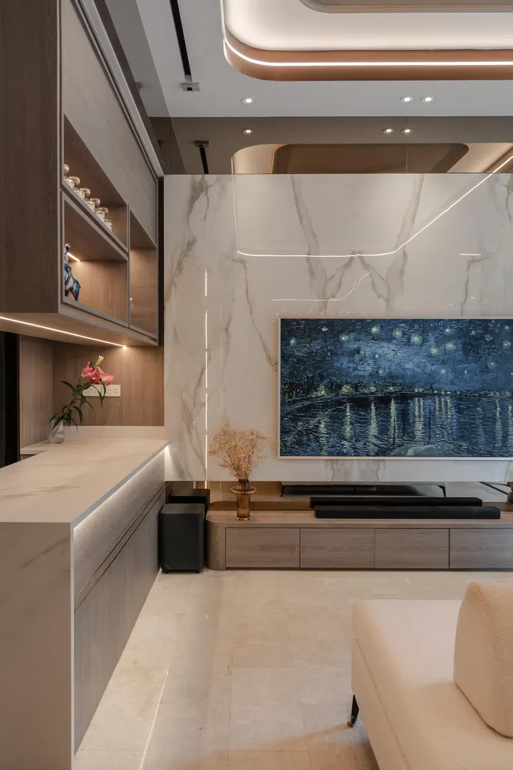 Custom joinery and integrated surfaces help the entertaining zones feel polished yet practical, in keeping with the home’s “luxury with livability” approach.