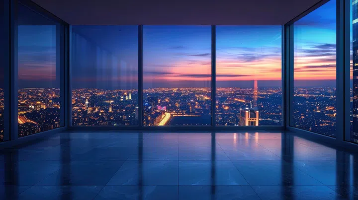 An empty room in a skyscraper and a view of the night city. Beautiful expensive property with a view.