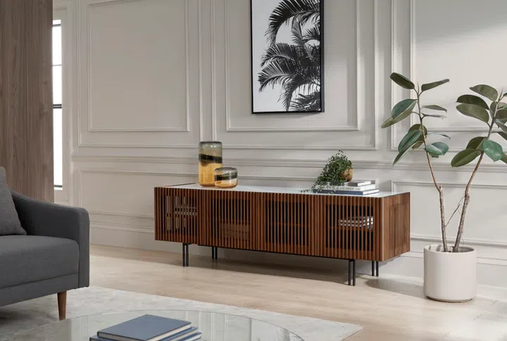 Wooden slatted TV console