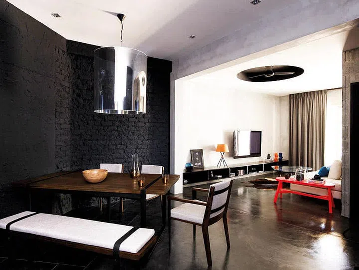 A set of matching white modern dining bench and dark modern dining table. Interior design by Architology