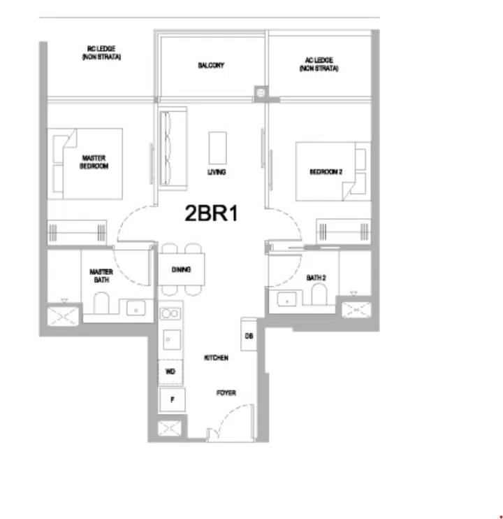 One Marina Gardens condo 2-bedroom (Type 2BR1) 60sqm floor plan for units from #03-09 to #30-09.