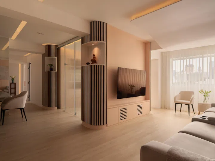 Reversed to face the façade, the living room now allows both television viewing and uninterrupted sightlines toward the skyline beyond.