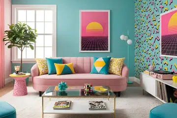 Interior of children’s room with pink sofa 3d render illustration.